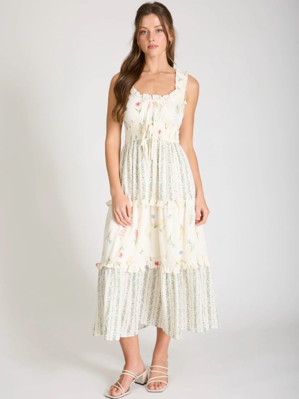 Floral Colorblock Ruffle Tiered Midi Dress Ivory Multi Large NWT - Picture 1 of 8